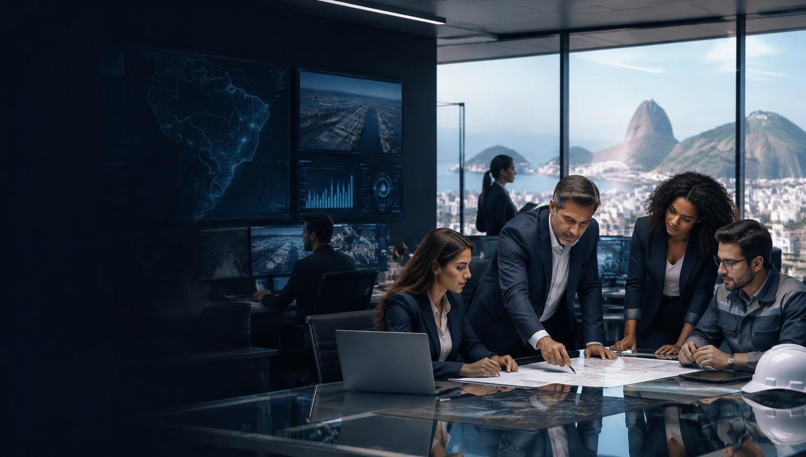 Equipe multidisciplinar em um centro corporativo de operações